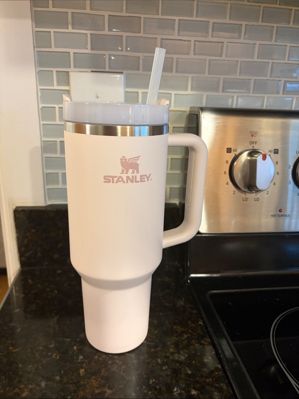 Stanley White Travel Tumbler with Handle and Straw